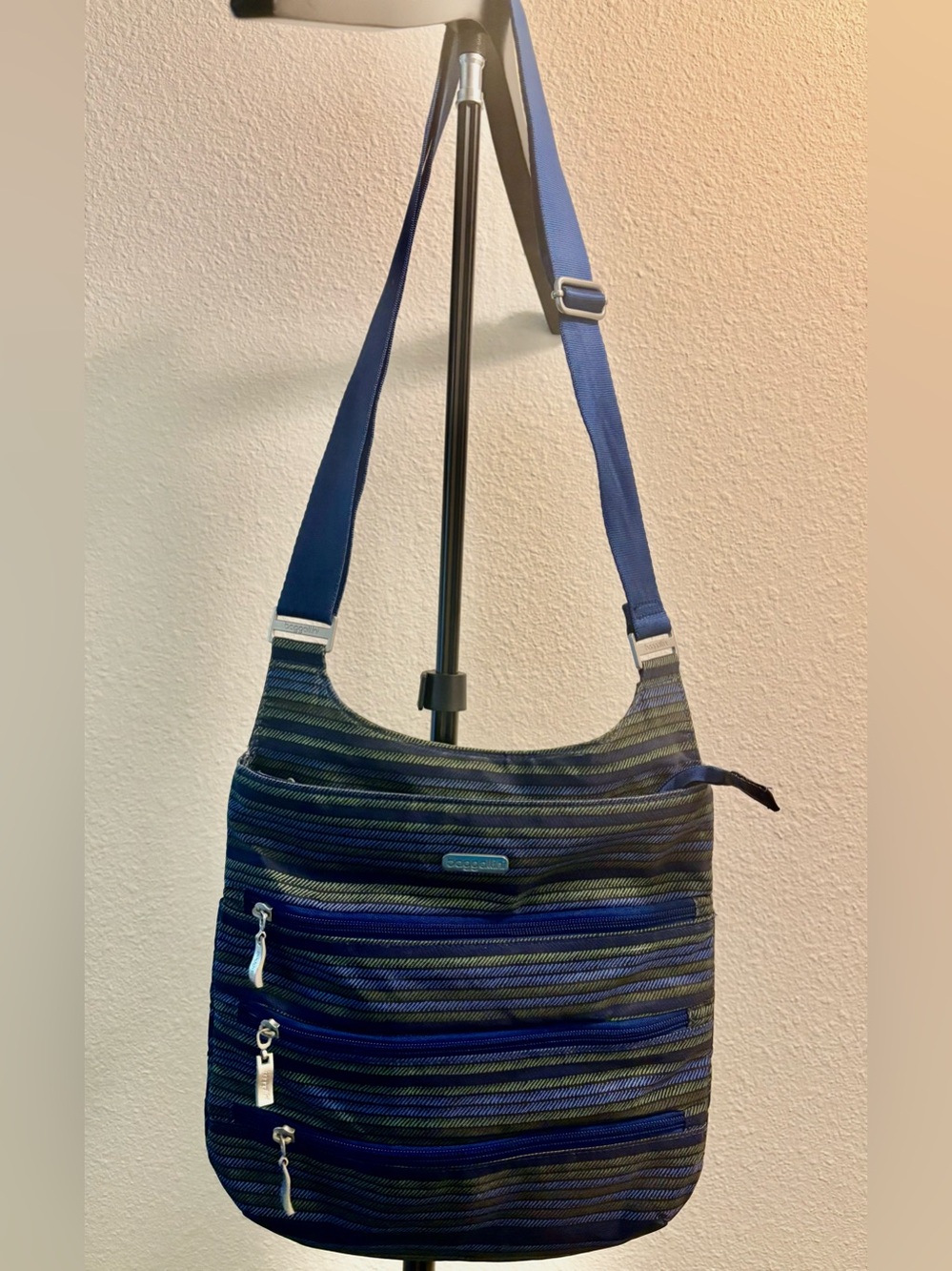 Baggallini Navy and Olive Striped Crossbody Bag